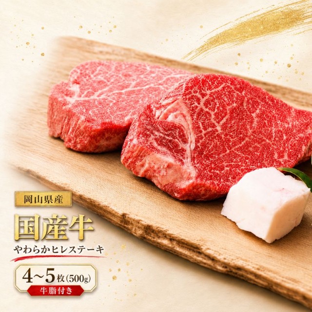 岡山県産 国産牛 やわらかヒレステーキ 4〜5枚（500g・牛脂付き）（楽天ふるさと納税 岡山県真庭市）
