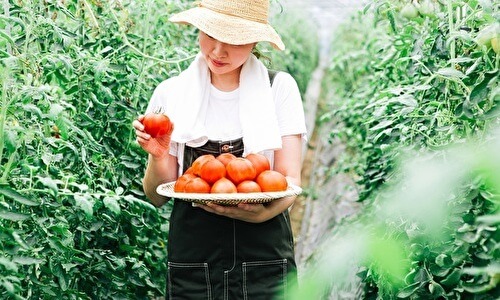 トマトを持つ女性