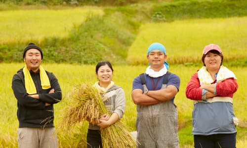 田んぼを背景に立つ稲作農家